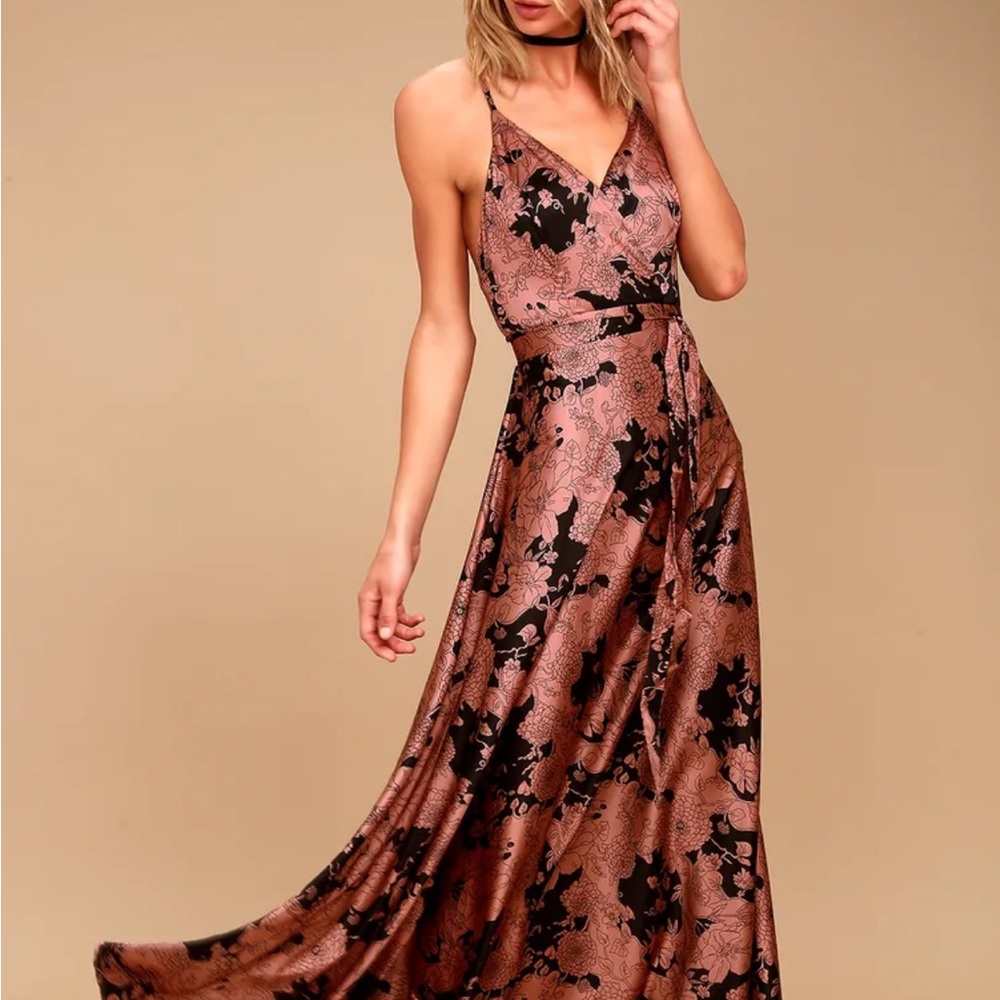 Lulus Tea Gardens Rusty Rose Floral Print Satin Maxi Dress